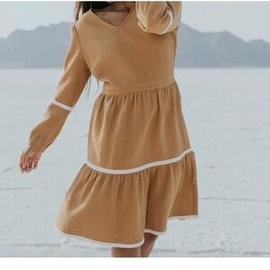 Salt Cedar Hills Midi Dress Medium Brown Tiered 100% Cotton‎ Textured Boho Fall